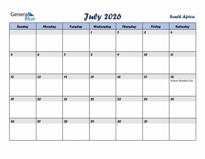July 2026 Calendar with Holidays in South Africa