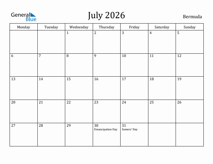 July 2026 Calendar Bermuda