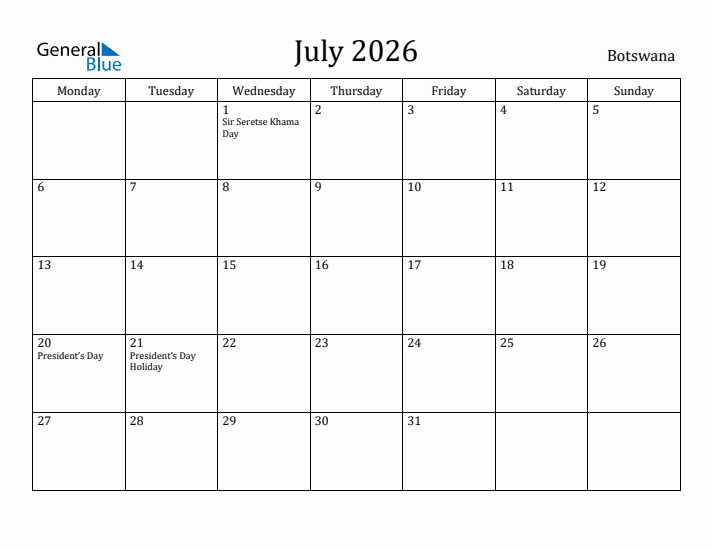 July 2026 Calendar Botswana