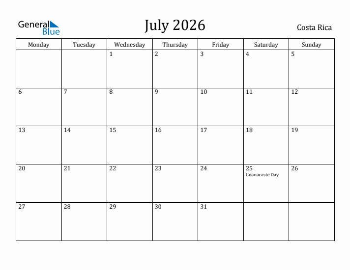 July 2026 Calendar Costa Rica