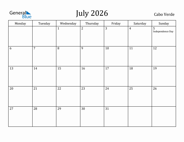 July 2026 Calendar Cabo Verde