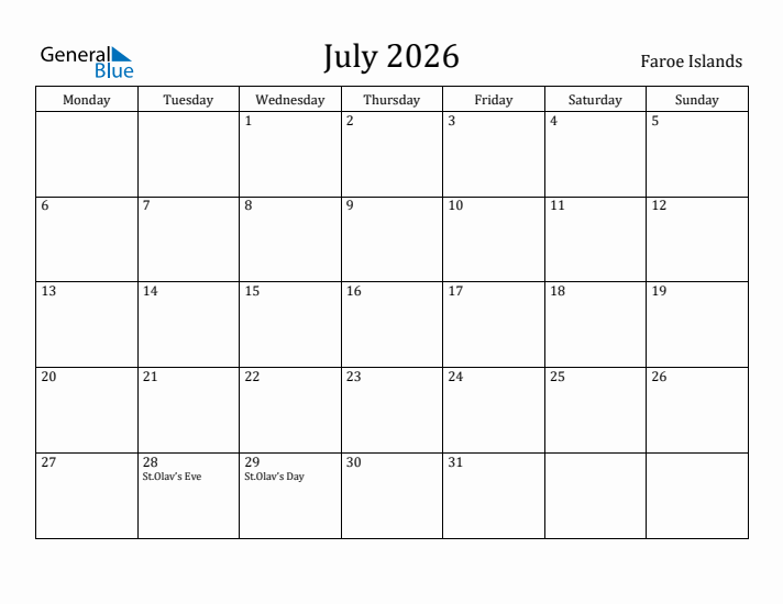 July 2026 Calendar Faroe Islands