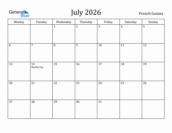 July 2026 Calendar French Guiana
