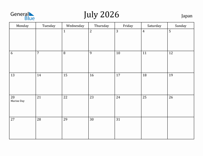 July 2026 Calendar Japan