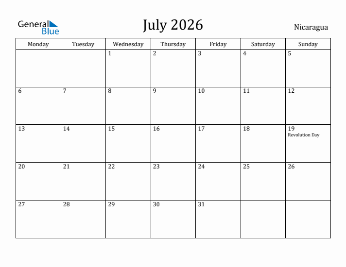 July 2026 Calendar Nicaragua