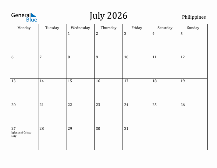 July 2026 Calendar Philippines