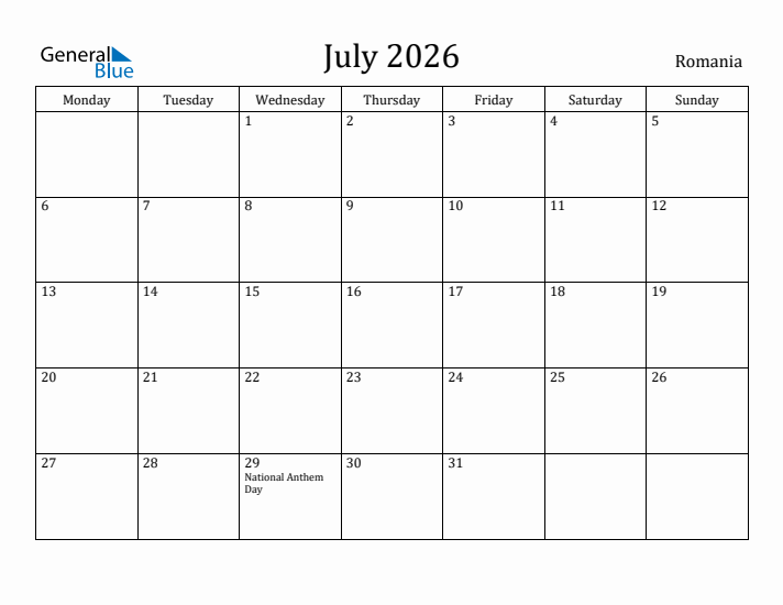 July 2026 Calendar Romania
