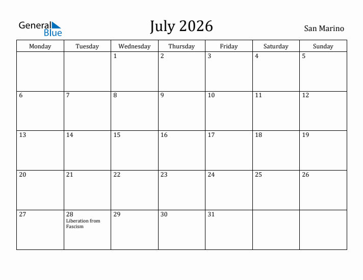 July 2026 Calendar San Marino