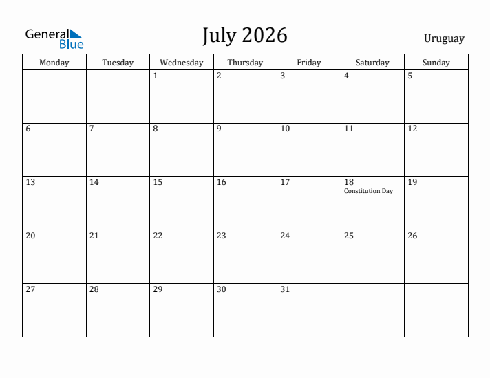 July 2026 Calendar Uruguay