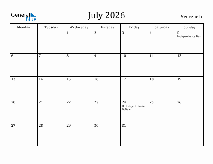 July 2026 Calendar Venezuela