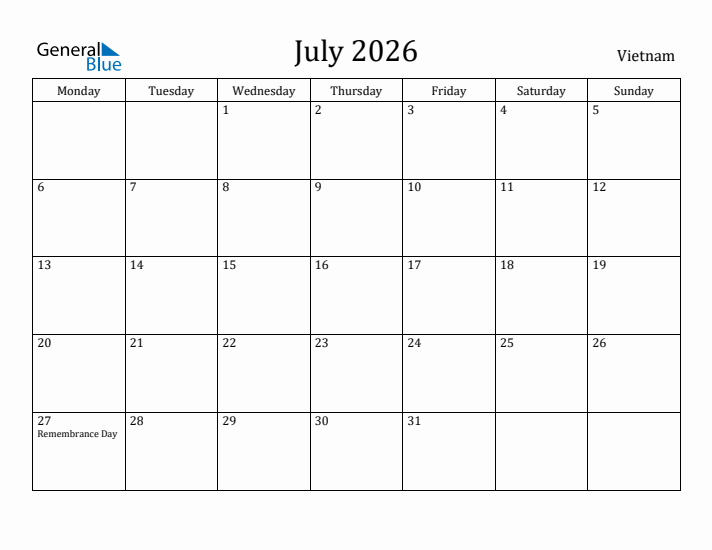 July 2026 Calendar Vietnam