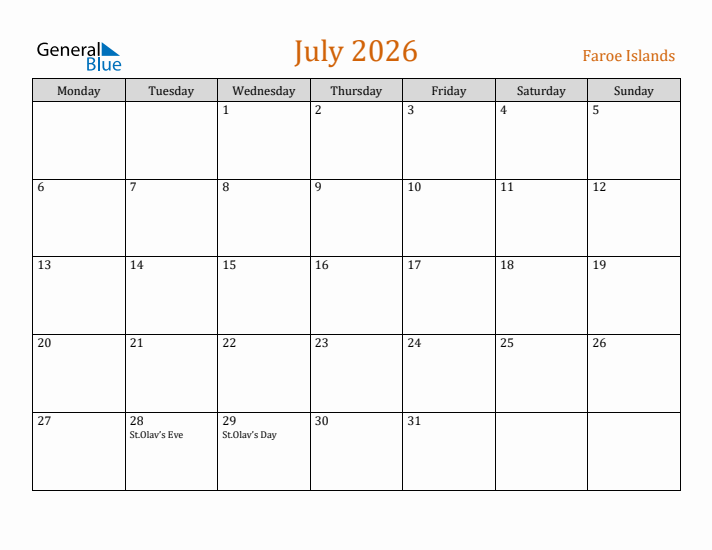 July 2026 Holiday Calendar with Monday Start