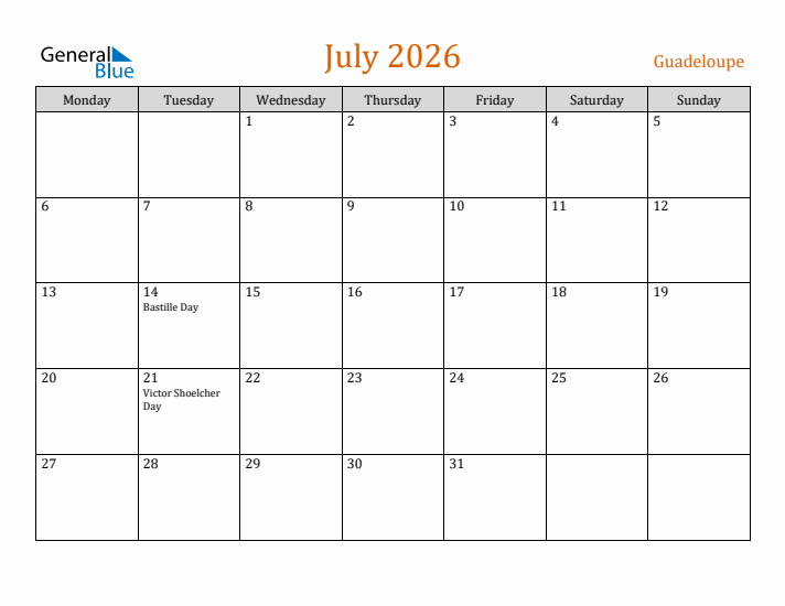 July 2026 Holiday Calendar with Monday Start