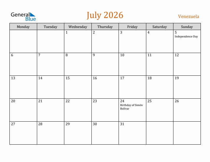 July 2026 Holiday Calendar with Monday Start
