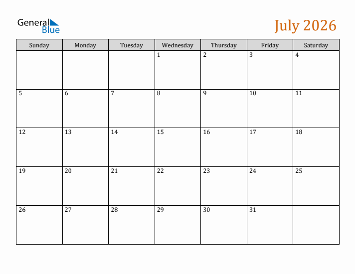 Editable July 2026 Calendar