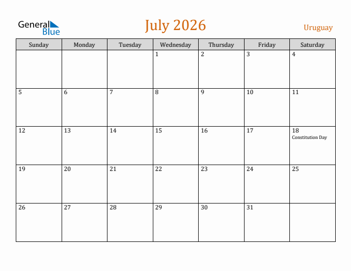July 2026 Holiday Calendar with Sunday Start