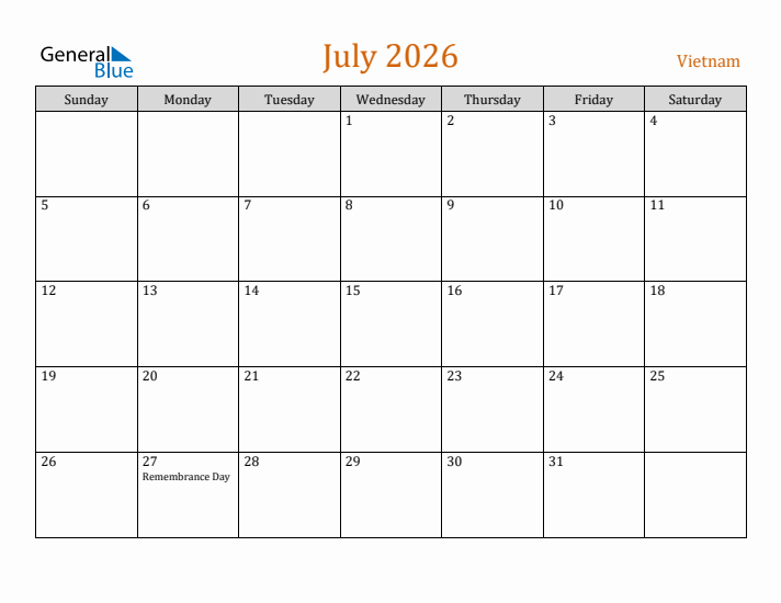 July 2026 Holiday Calendar with Sunday Start