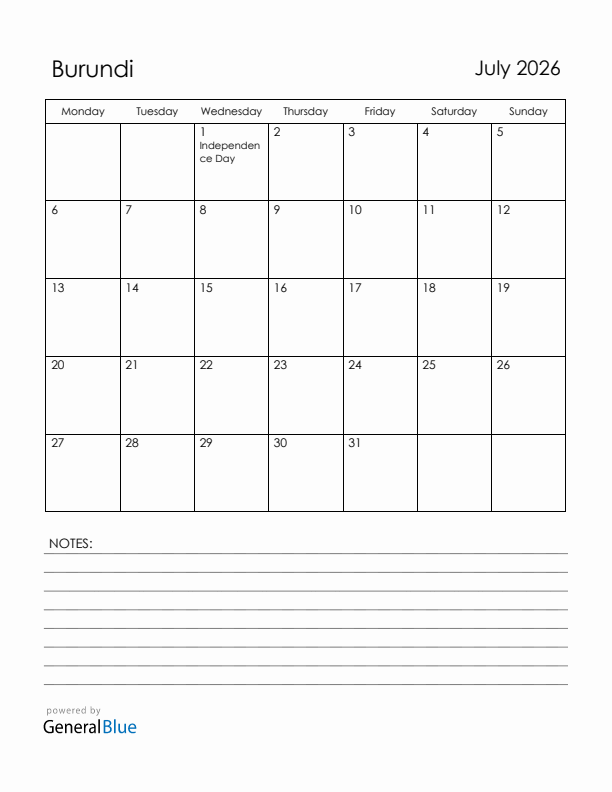 July 2026 Burundi Calendar with Holidays (Monday Start)