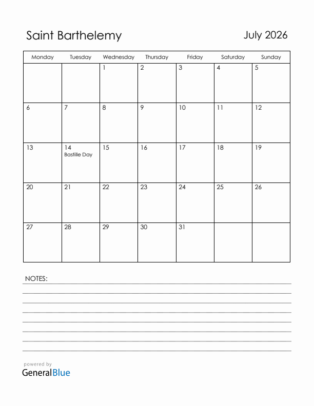 July 2026 Saint Barthelemy Calendar with Holidays (Monday Start)