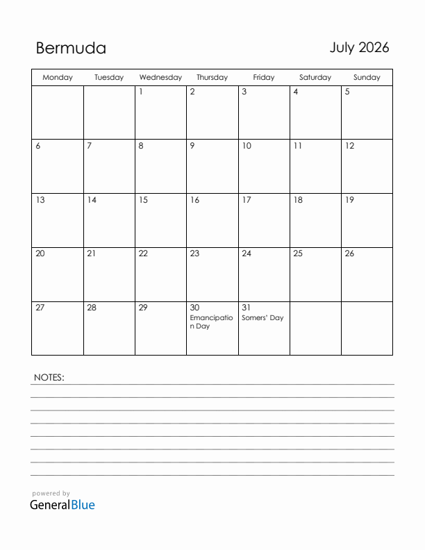 July 2026 Bermuda Calendar with Holidays (Monday Start)