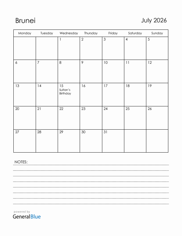 July 2026 Brunei Calendar with Holidays (Monday Start)