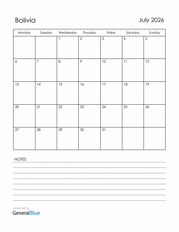 July 2026 Bolivia Calendar with Holidays (Monday Start)