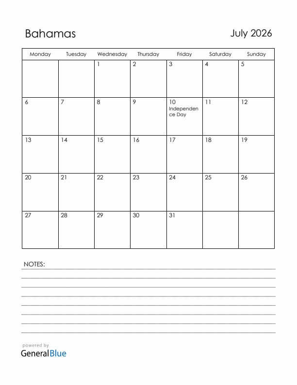 July 2026 Bahamas Calendar with Holidays (Monday Start)