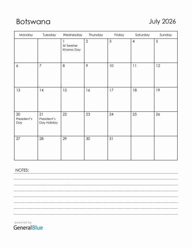 July 2026 Botswana Calendar with Holidays (Monday Start)