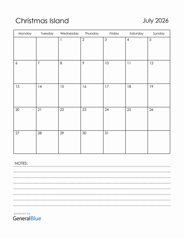 July 2026 Christmas Island Calendar with Holidays (Monday Start)
