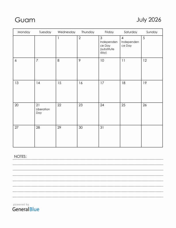 July 2026 Guam Calendar with Holidays (Monday Start)