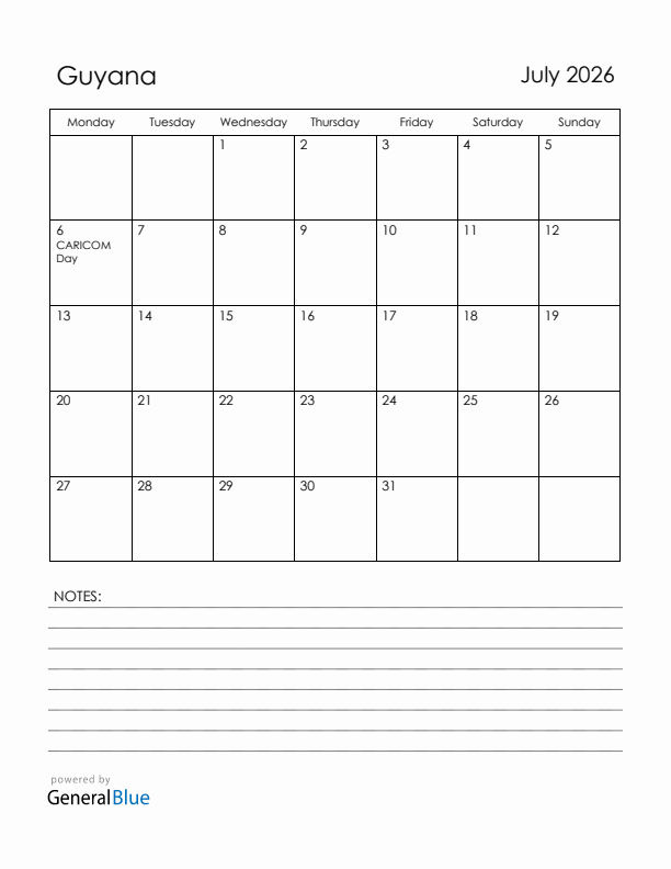 July 2026 Guyana Calendar with Holidays (Monday Start)