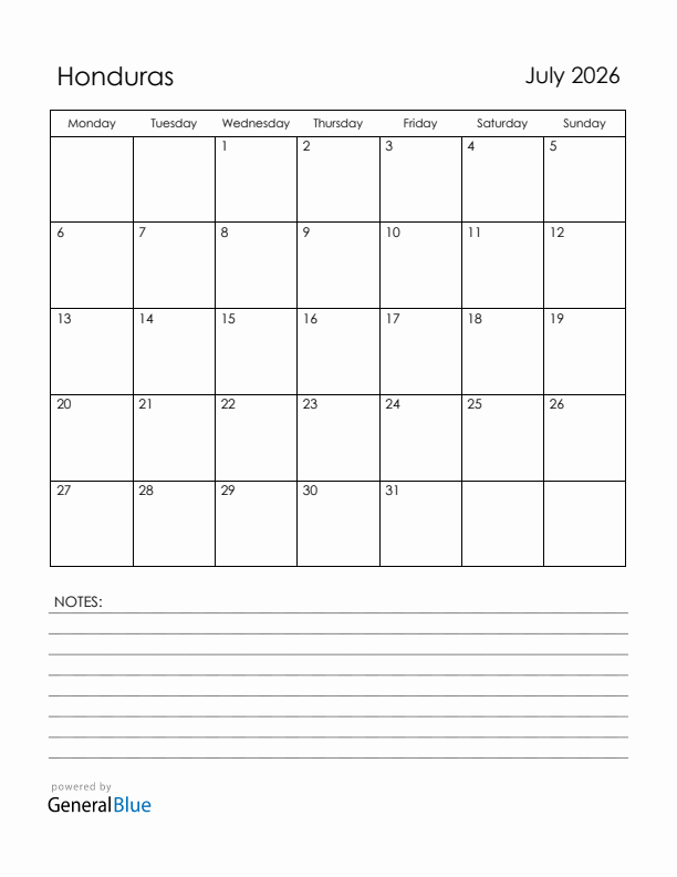 July 2026 Honduras Calendar with Holidays (Monday Start)