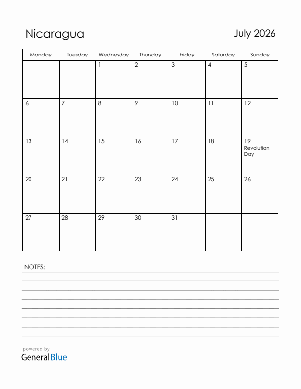 July 2026 Nicaragua Calendar with Holidays (Monday Start)
