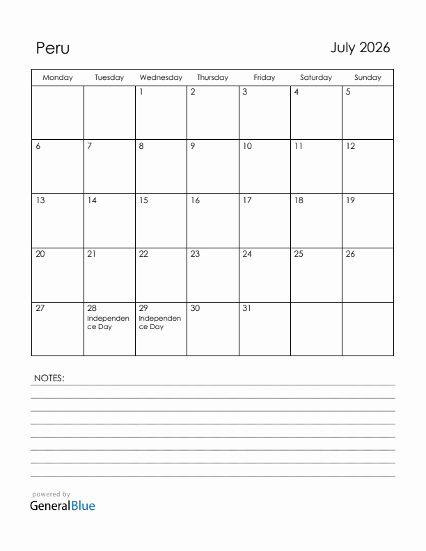 July 2026 Peru Calendar with Holidays (Monday Start)