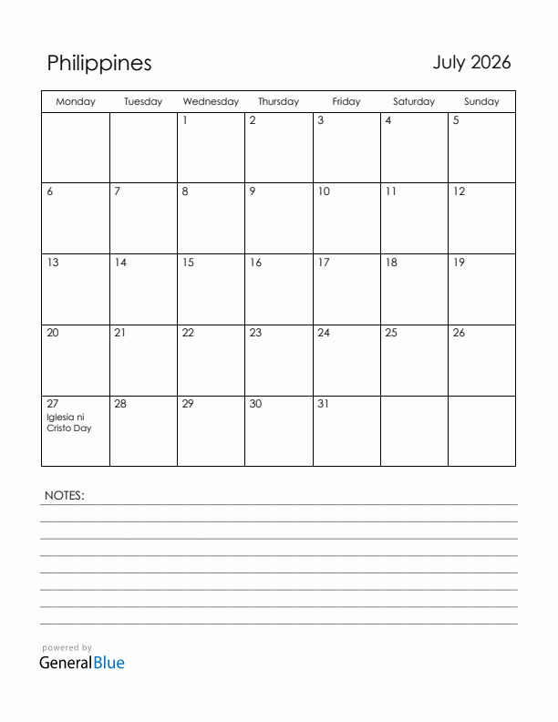 July 2026 Philippines Calendar with Holidays (Monday Start)