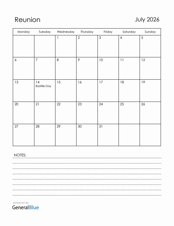 July 2026 Reunion Calendar with Holidays (Monday Start)