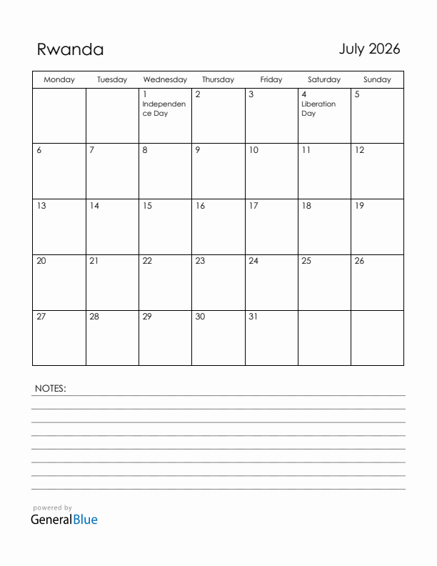 July 2026 Rwanda Calendar with Holidays (Monday Start)