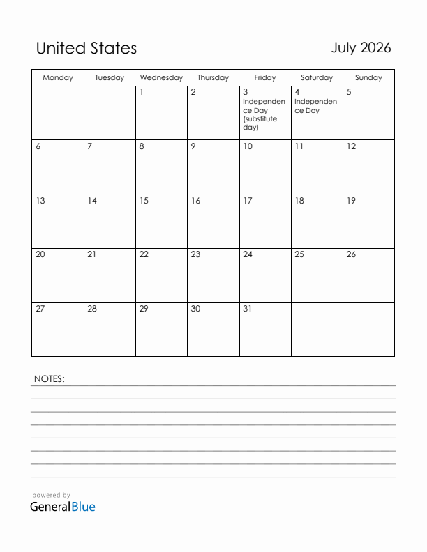 July 2026 United States Calendar with Holidays (Monday Start)