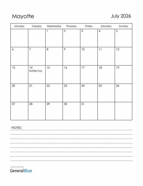 July 2026 Mayotte Calendar with Holidays (Monday Start)