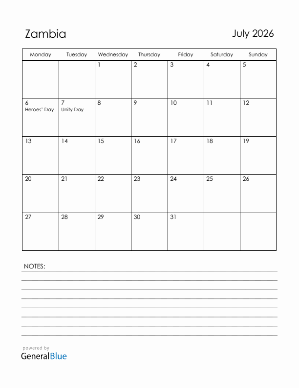 July 2026 Zambia Calendar with Holidays (Monday Start)