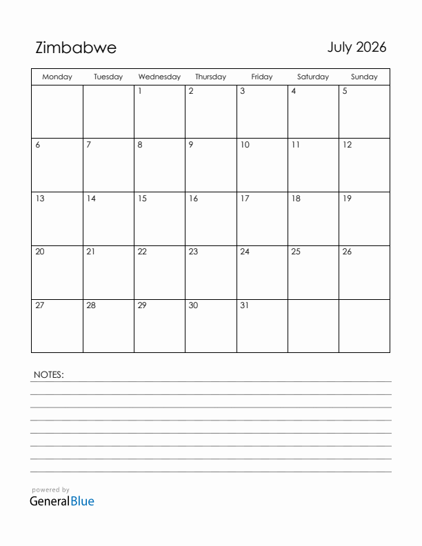 July 2026 Zimbabwe Calendar with Holidays (Monday Start)