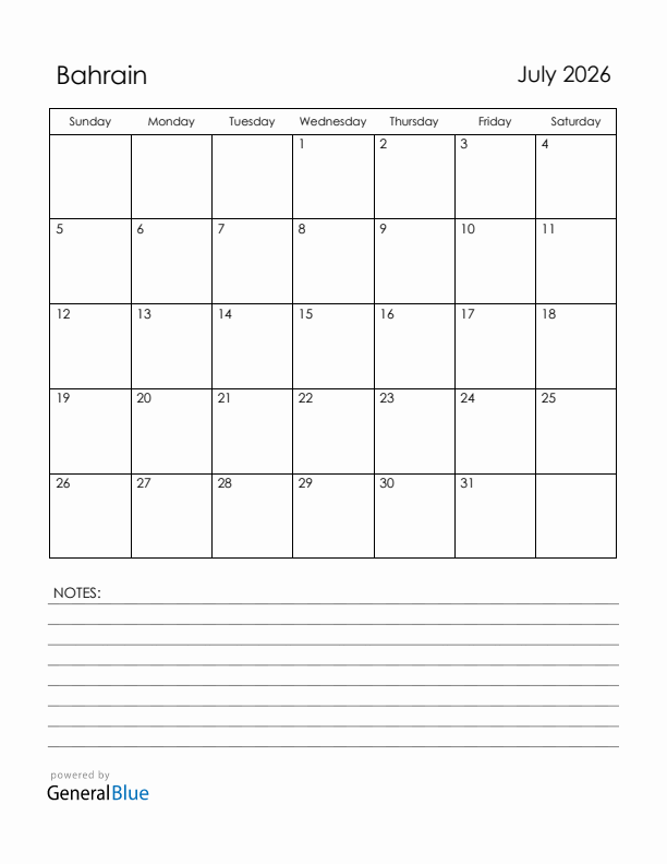 July 2026 Bahrain Calendar with Holidays (Sunday Start)