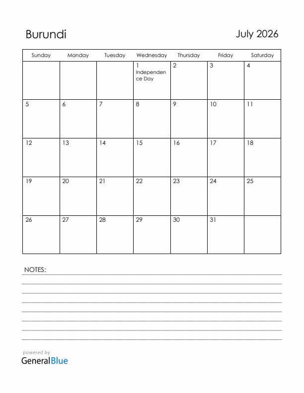 July 2026 Burundi Calendar with Holidays (Sunday Start)