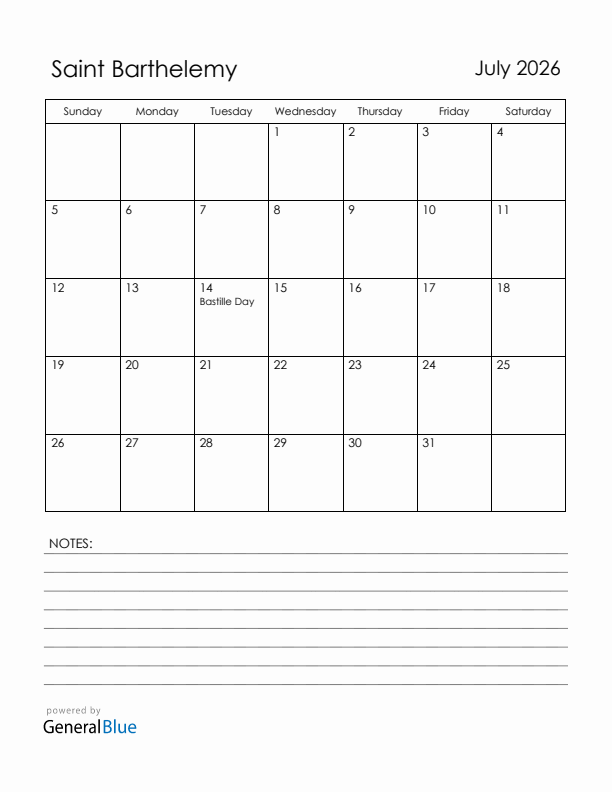 July 2026 Saint Barthelemy Calendar with Holidays (Sunday Start)