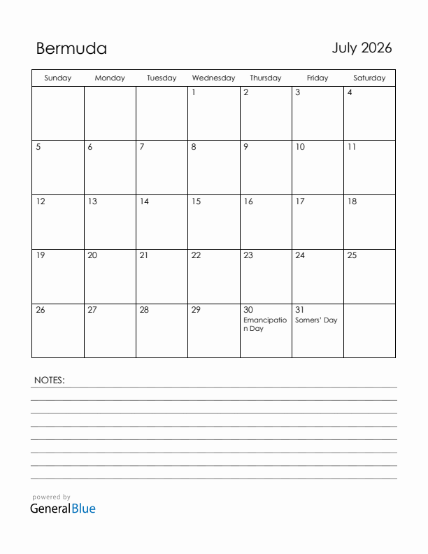 July 2026 Bermuda Calendar with Holidays (Sunday Start)