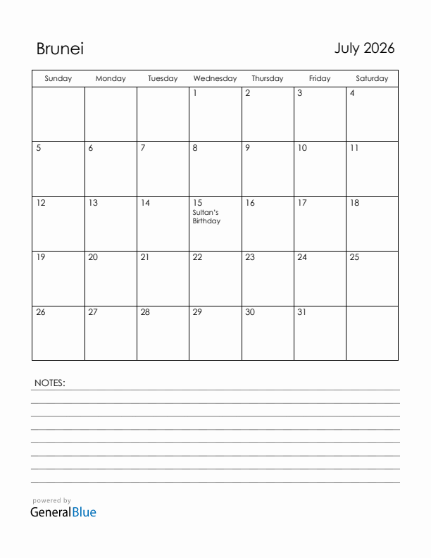 July 2026 Brunei Calendar with Holidays (Sunday Start)