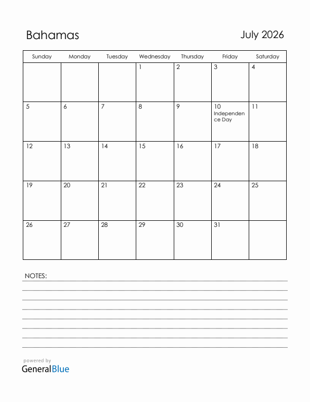 July 2026 Bahamas Calendar with Holidays (Sunday Start)