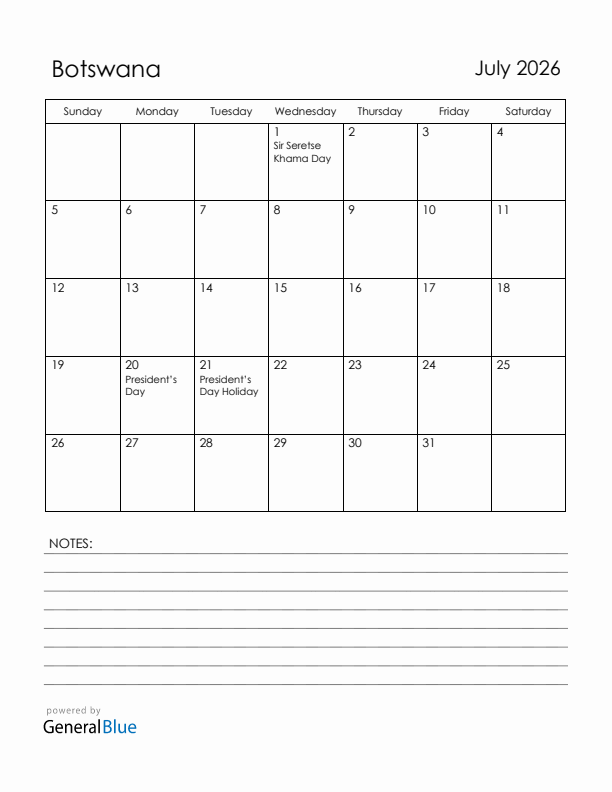 July 2026 Botswana Calendar with Holidays (Sunday Start)