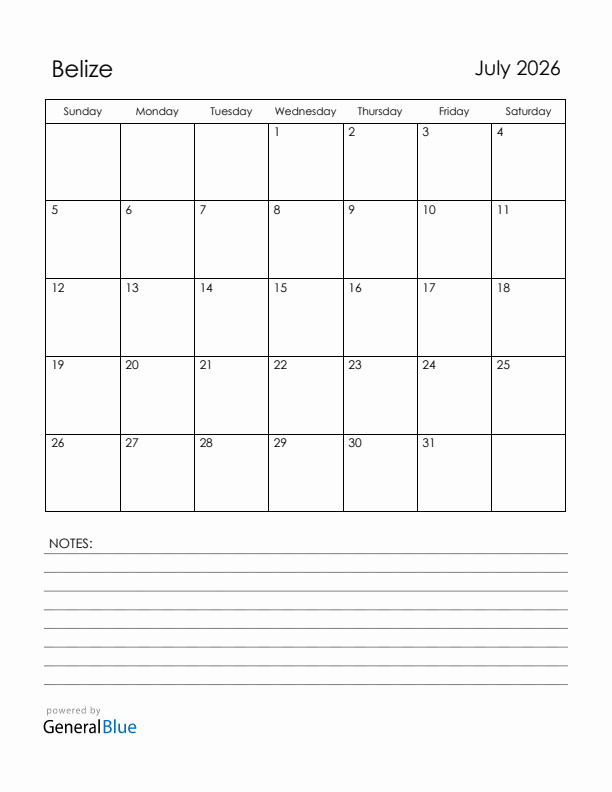 July 2026 Belize Calendar with Holidays (Sunday Start)