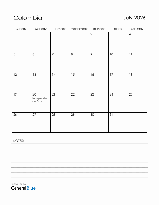 July 2026 Colombia Calendar with Holidays (Sunday Start)
